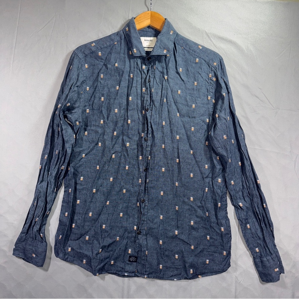 Barkers Shirt Mens Medium Blue French Linen Geometric Embroidered Slim Button Up
